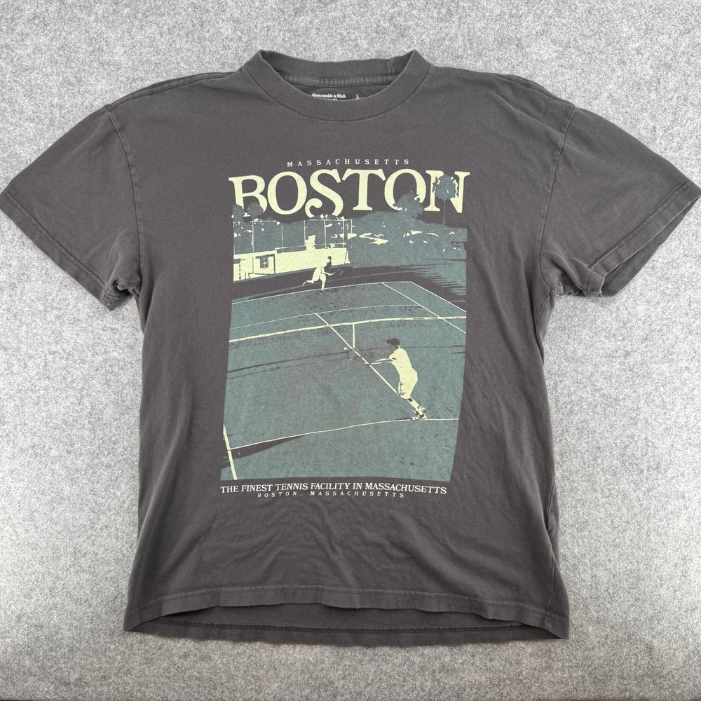 Y2K Abercrombie & Fitch T-Shirt Mens Large Soft A&F Tee Charcoal Boston Tennis